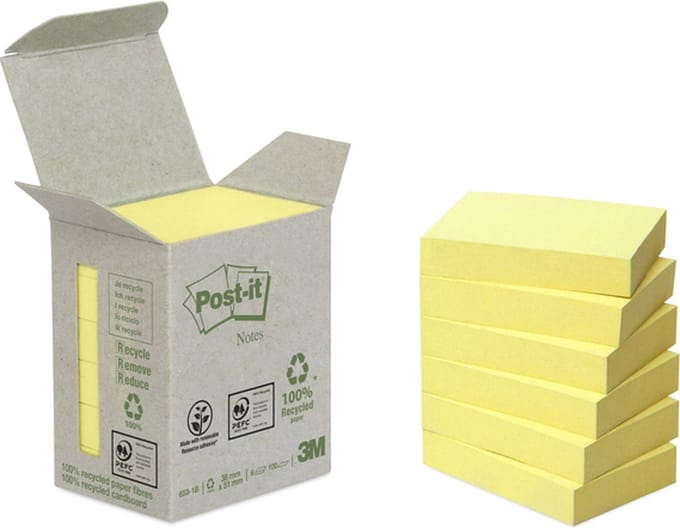 Memoblok post-it 653-1b recycled 38x51mm geel | 24 stuks