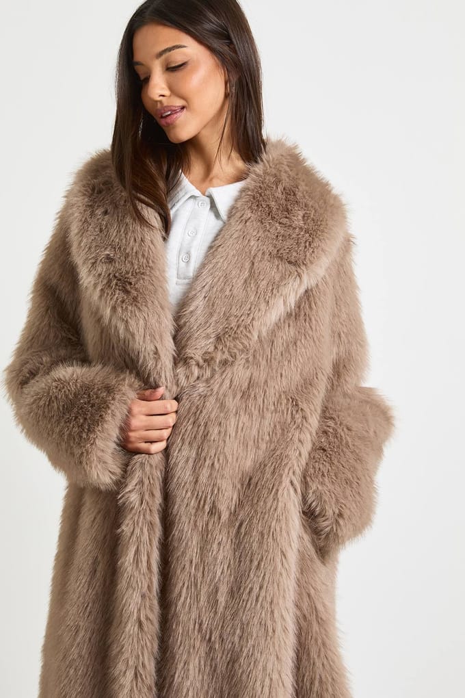 boohoo Dames Premium bontmaximantel met kraag | Mink | Maat: 12