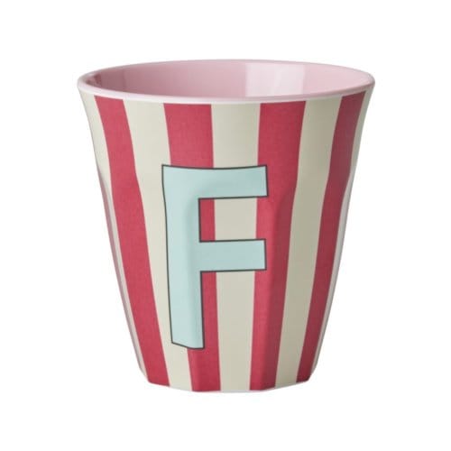 Rice melamine beker medium gestreept letter f, roze