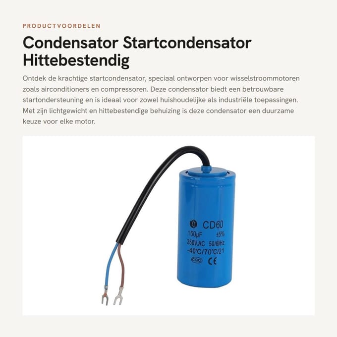 Dailygoods- Startcondensator 150 uF - CD60-loopcondensator - 250 V AC - Hittebestendig - Lichtgewicht - Voor motorluchtcompressor - Condensator