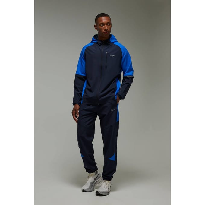 Man Active Colour Block Stretch Woven Regular Fit Tracksuit | Navy | Size Medium