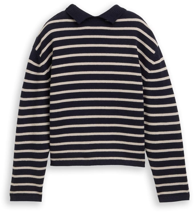 Tom Tailor Denim - Relaxed fit gebreide trui met streepjesmotief - Maat M - navy cloud grey stripe