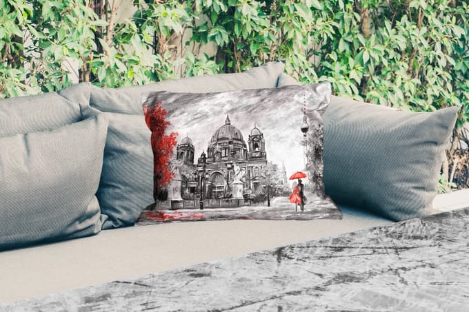 Buitenkussens - Tuin - Schilderij - Architectuur - Boom - Rood - 50x30 cm