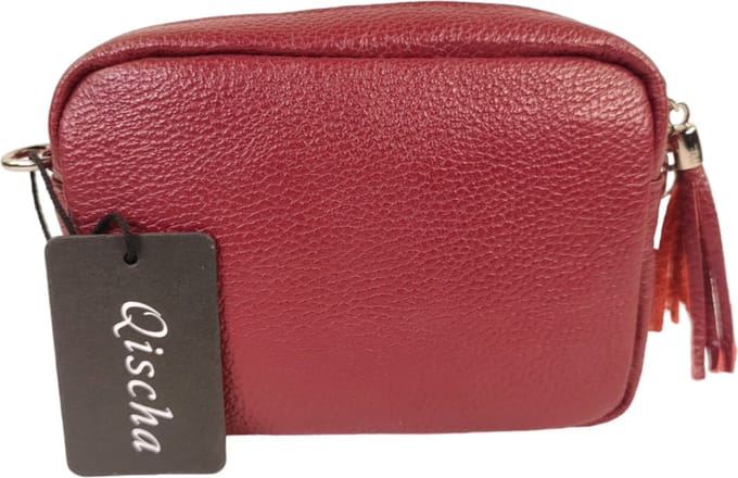 Qischa® - leder - Crossbody handtas - vak met rits - instelbare riem - wijnrood