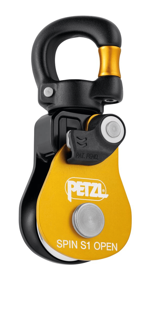 Petzl Spin S1 Open Yellow – Compacte Katrol met Open Draaibaar Oog 11 mm & 5 KN