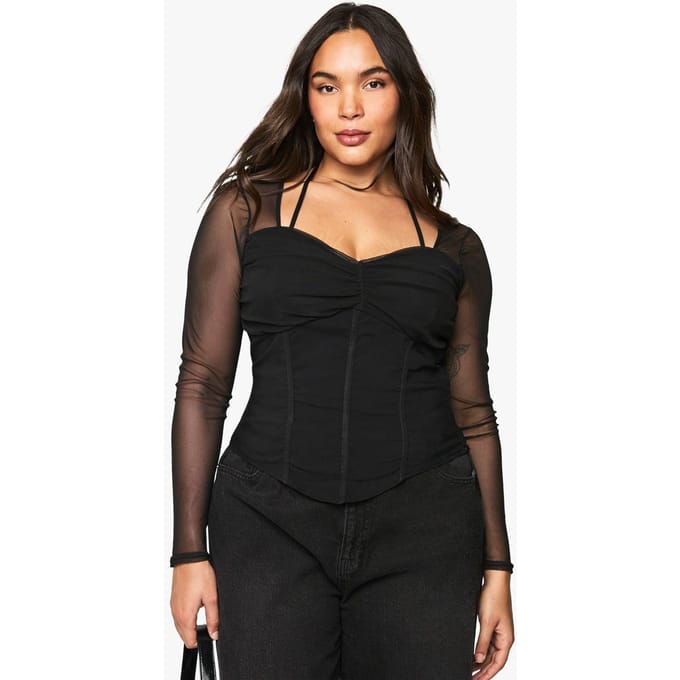boohoo Dames Plus Bengaline Corset Top met Mesh Mouwen | Zwart | Maat: 48