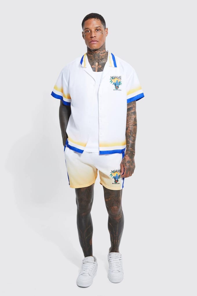Regular Fit Miami Border Shirt And Short Set | White | Size Medium