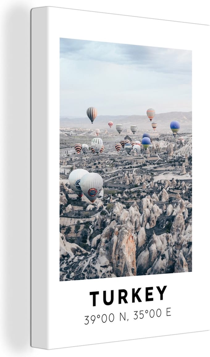 Canvas Schilderij Luchtballon - Turkije - Zomer - Bergen - 60x90 cm - Wanddecoratie