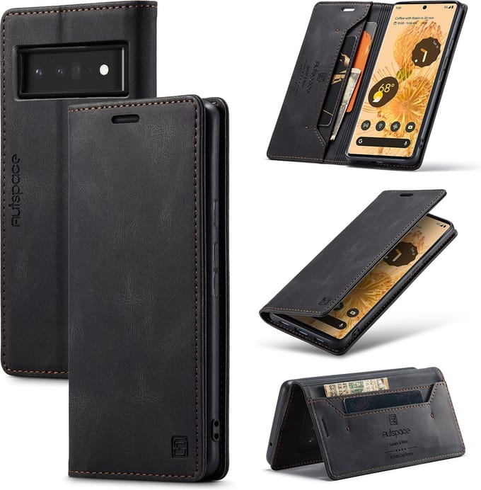 Luxe Flip Case met RFID Bescherming Kaarthouder en Magneetsluiting + Glas Screenprotector voor Google Pixel 6 Pro_ Zwart