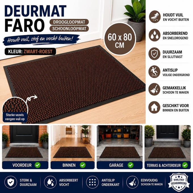 Wicotex - Deurmat - Schoonloopmat Faro - Afmeting 60x80cm - Kleur Zwart Roest