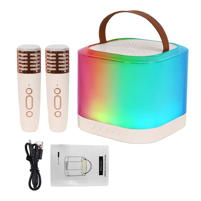 Mini Karaoke Machine Draadloze Microfoon en Speaker Set met 2 Microfoons Oplaadbare LED Kleur wit