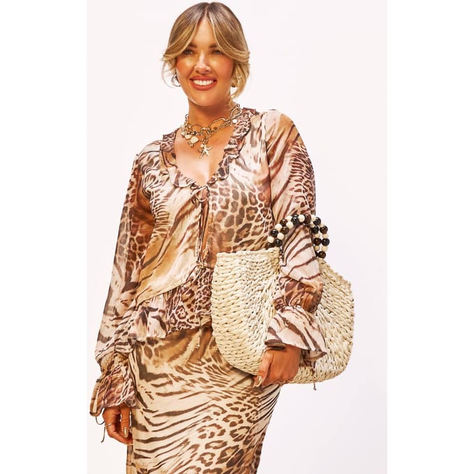 boohoo Dames Animal Chiffon Ruffle Blouse | Bruin | Maat: 36