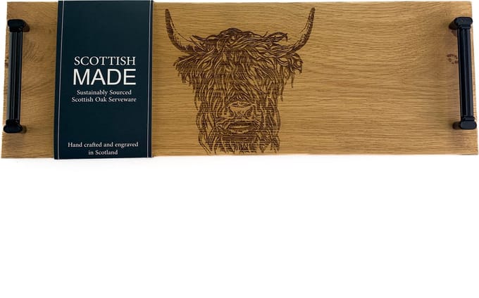Serveerplank met stalen handvatten Schotse Hooglander - 45x15 - Eikenhout - Scottish Made
