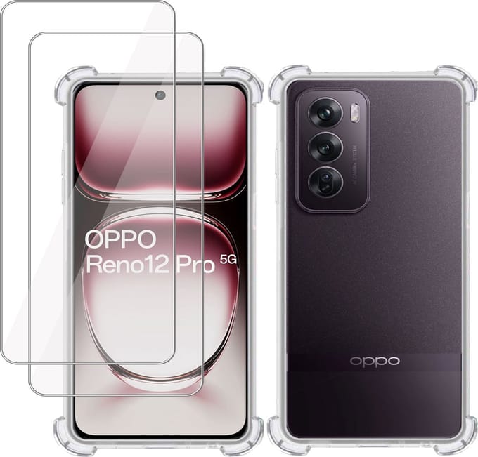 Hoesje + 2x Screenprotector geschikt voor OPPO Reno 12 – Tempered Glass - Extreme Shock Case Transparant