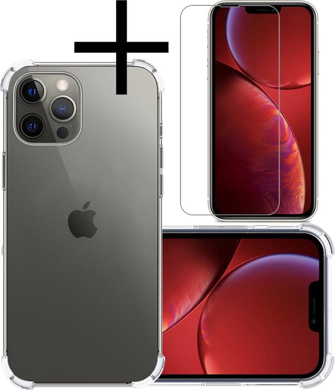 Hoesje - Met Screenprotector - Geschikt voor Apple iPhone 14 Pro - Sterk & Shockproof - Siliconen Case - Back Cover - Telefoon Hoes - Shock Proof - Transparant