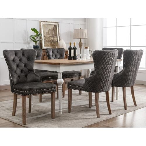 ModernLuxe Set van 6 fluwelen stoelen - massief houten poten - grijs