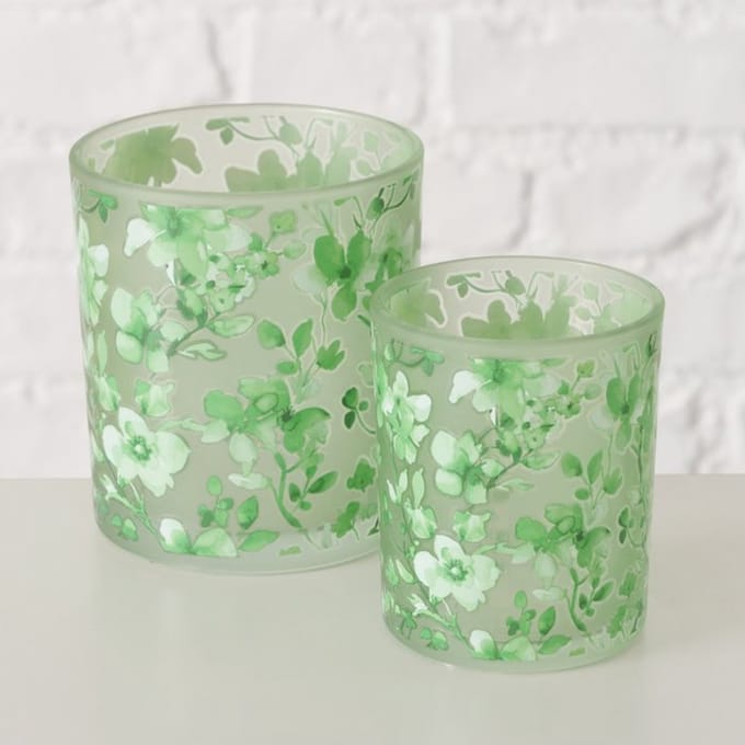 Theelichthouder bloem groen, set van 2 stuks. 7x8cm 9x10cm