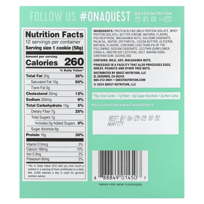 Quest Nutrition, Cookie Protéiné, Chocolat Blanc Macadamia, 12 paquets, 58 g (2,04 oz) chaque