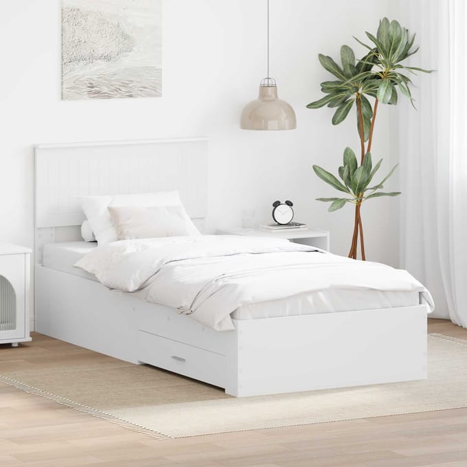 vidaXL - Bedframe - met - lade - met - hoofdeinde - Wit - 90 - x - 190 - cm - Bewerkt - hout