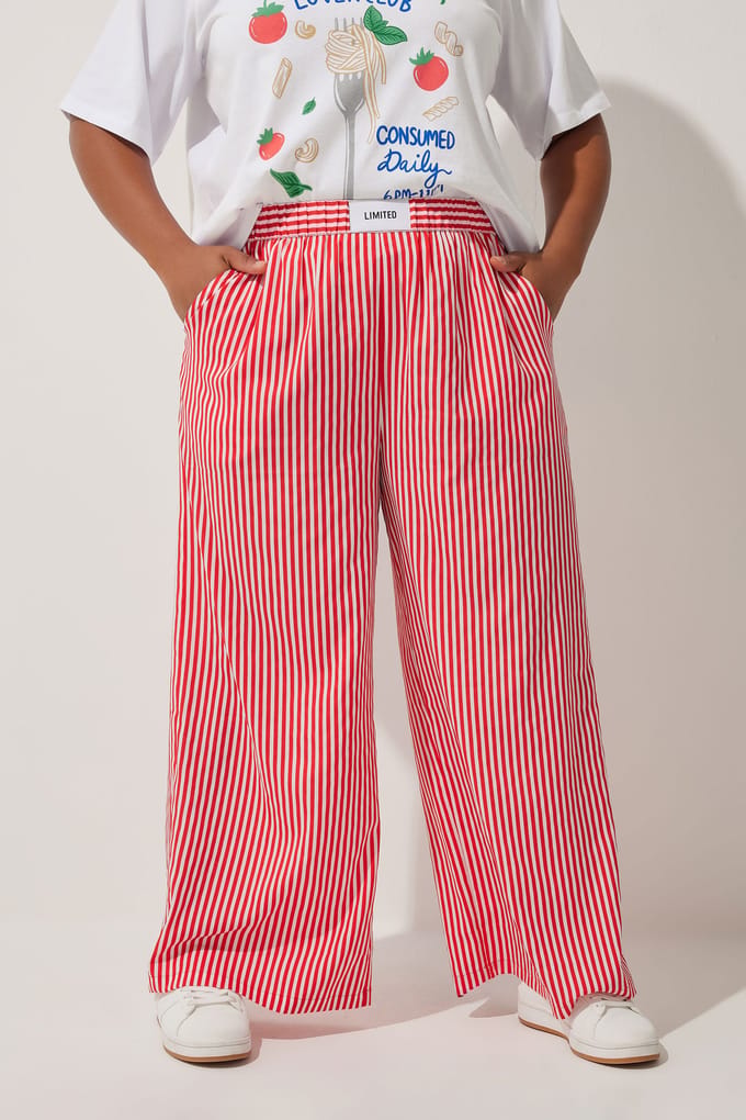 Limited Collection Gestreepte Broek Met Wijde Pijpen En Boxertaille In Rood Size 48