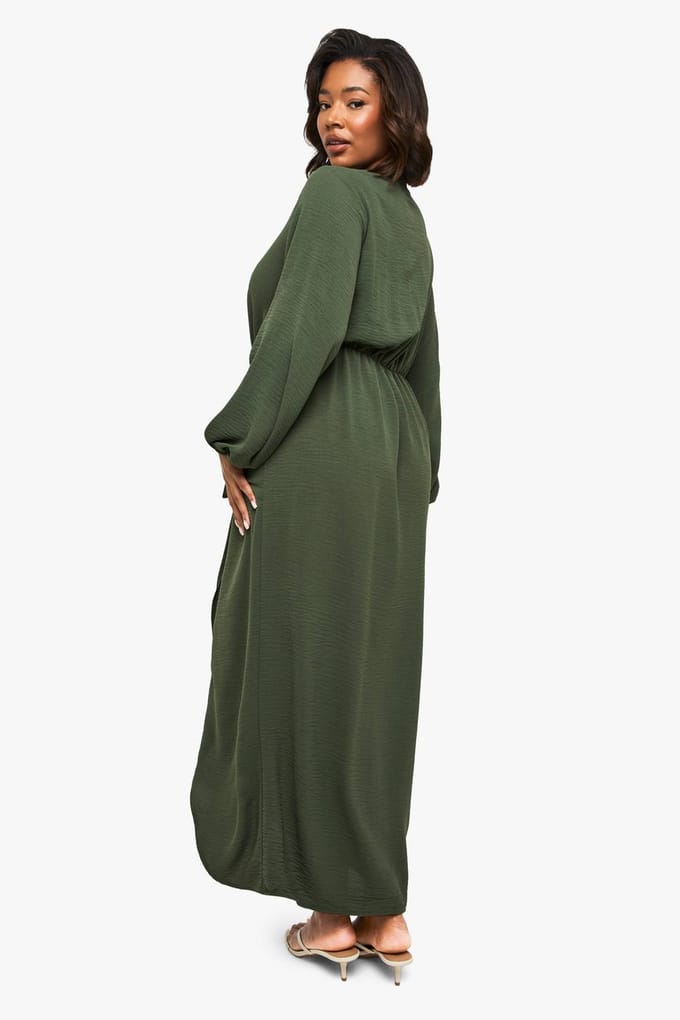 boohoo Dames Plus Textured Tie Detail Maxi Jurk | Olijf | Maat: 44
