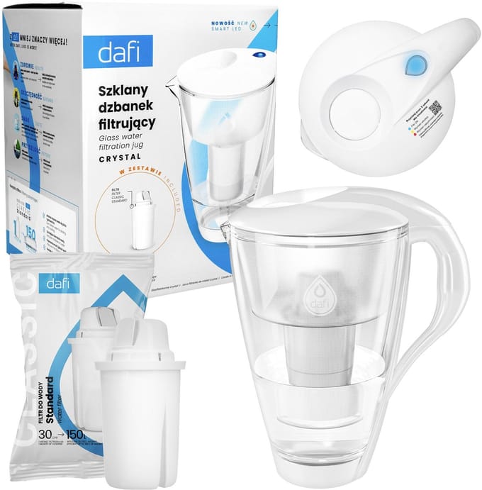 Dafi Crystal Waterfilterkan Glas 2L met LED Indicator + 1x Dafi Classic Filter – Waterfilterkan voor Kraanwater – Wit