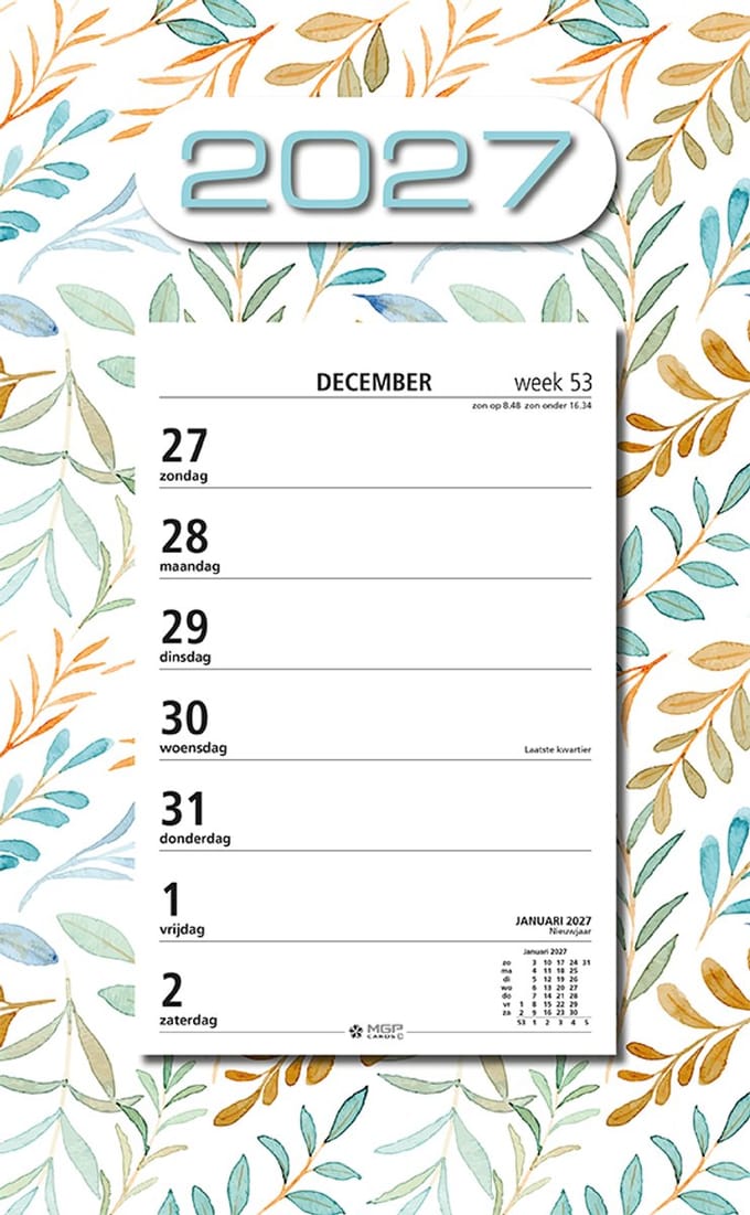 MGPcards - Week Scheurkalender 2027 - Week begint op zondag - 21 x 34 cm - Wit - Bladeren