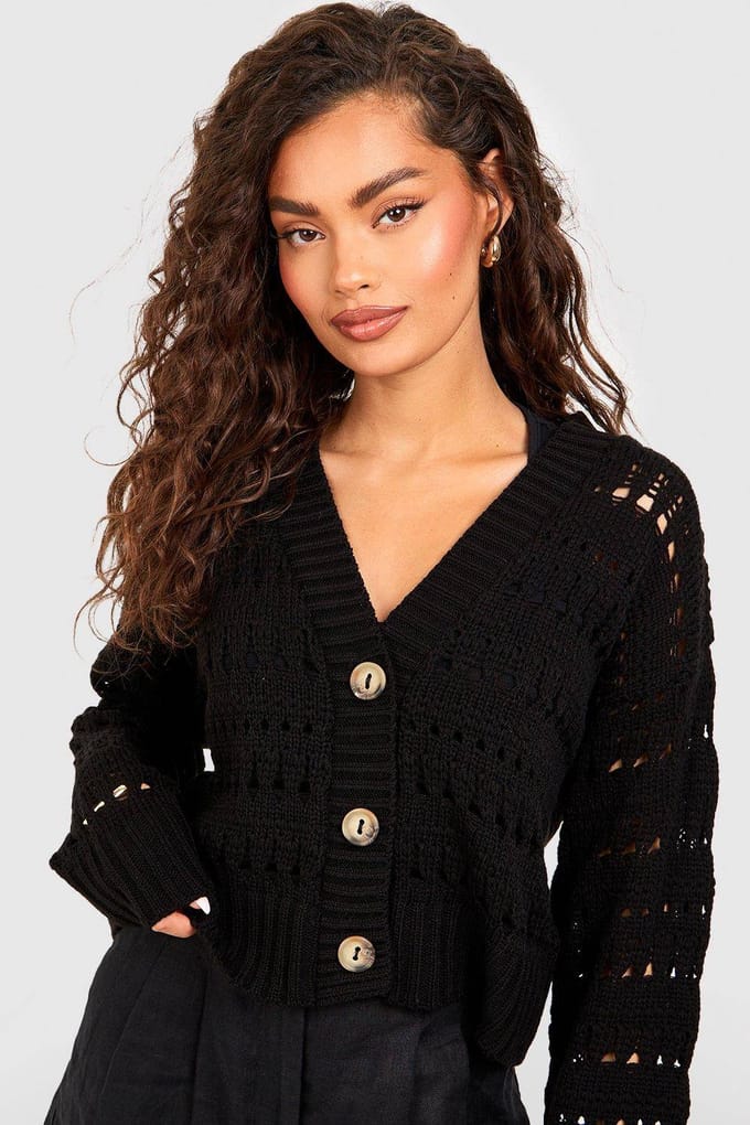 boohoo Dames Crochet Button Through Crop Cardigan | Black | Maat: Large