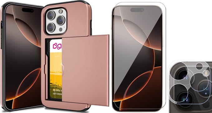 Hoesje met Pasjeshouder geschikt voor iPhone 16 Pro Max - Screenprotector GlassGuard & Camera Lens Screen Protector - Back Cover SlideCase Roségoud