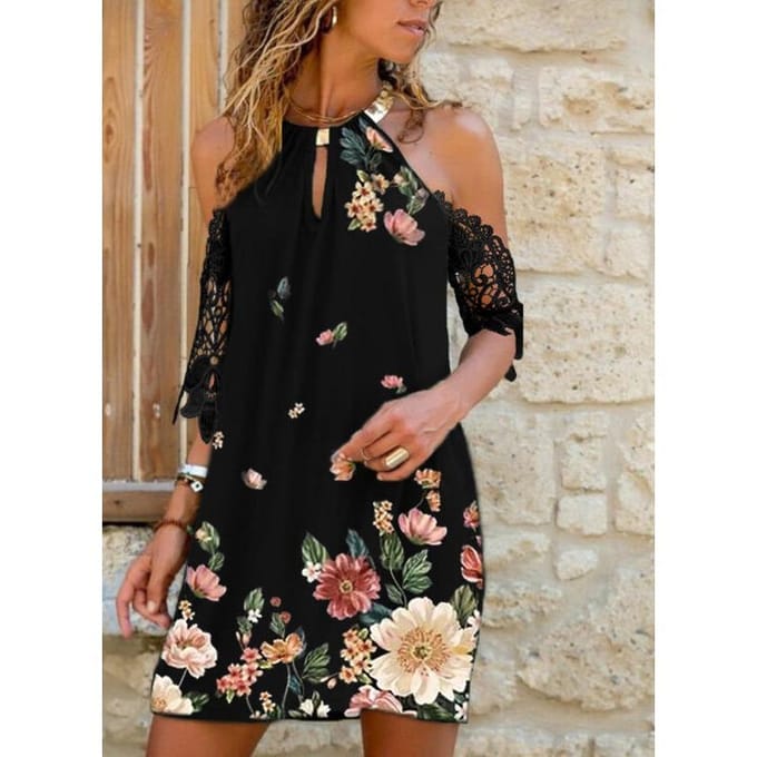 Damesjurk met halflange mouwen, veelkleurige print, halterhals en off-shoulder rok. XL black