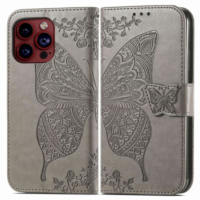 YPCd Bookcase geschikt voor Apple iPhone 15 Pro Max - Vlinder Design - Portemonnee / Wallet Hoesje - Grijs