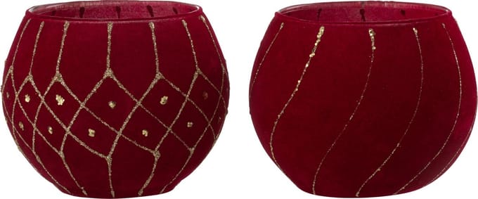 J-Line kaarshouder Lijnen/Geruit - fluweel - rood/goud - 2 stuks