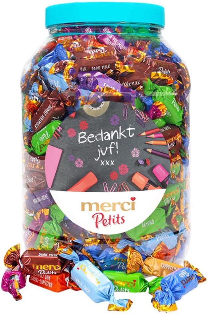 merci Petits chocolade cadeau voor juf - "Bedankt juf" (design 1) - 1400g