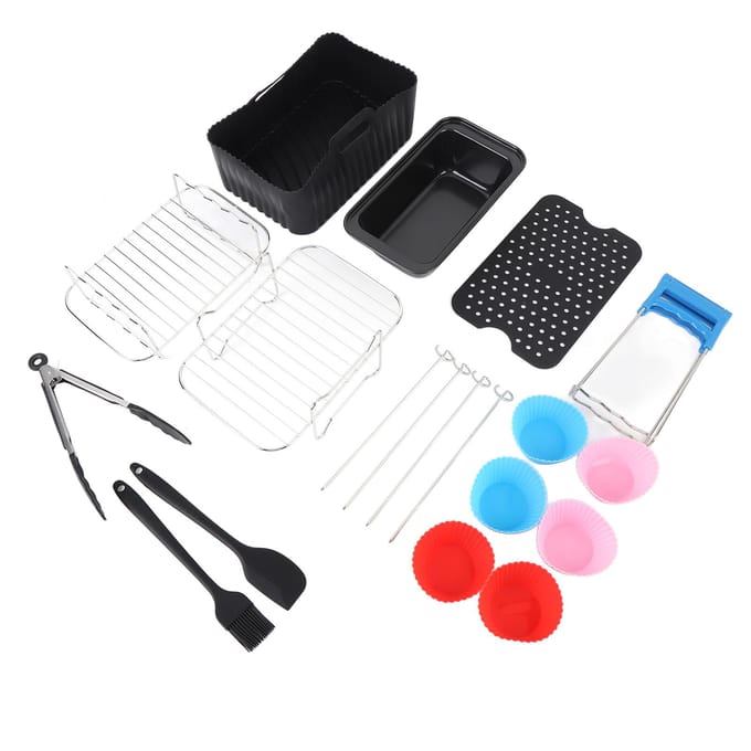 Friteuse Accessoires Set Grillrek met Spiesjes Siliconen Borstel Voedsel Tang Friteuse Cakevorm black
