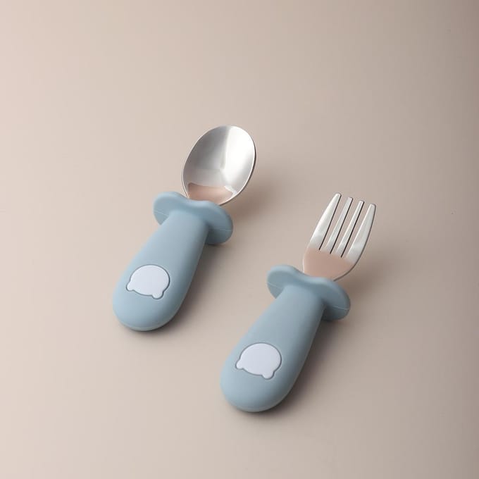 Cuillère et fourchette en silicone forme panda bébé cuillère d'alimentation pour bébé en acier inoxydable bleu