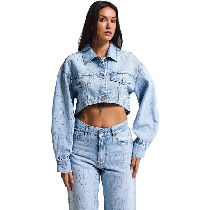 It's Basic - RHINESTONE CROPPED DENIM JACKET
