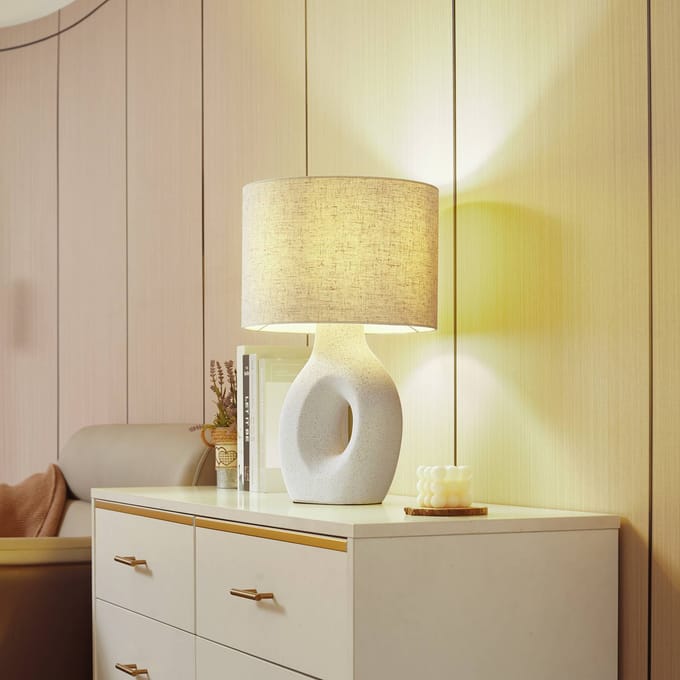 Lindby - Tafellamp - 1licht - Textiel, keramiek - H: 50 cm - E27 - grijs-wit, wit