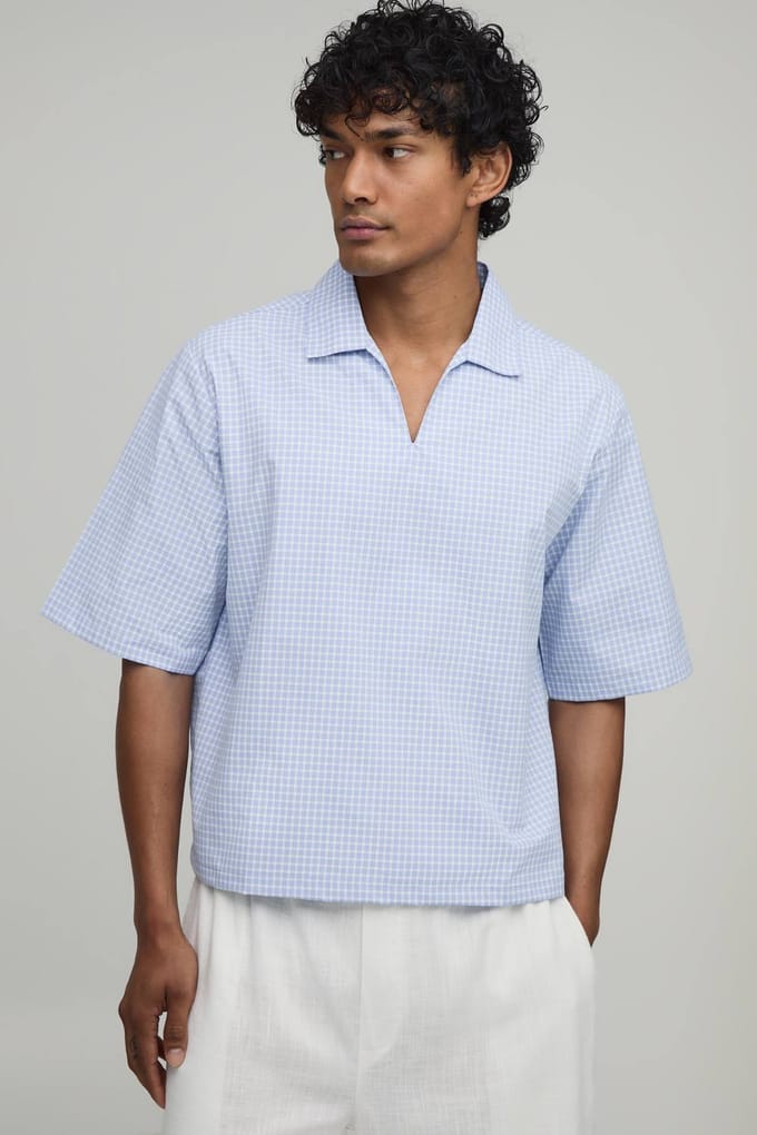 Oversized Boxy Poplin Check V-Neck Polo T-Shirt | Light Blue | Size Small
