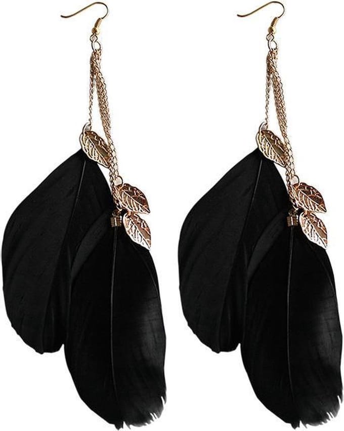 Fako Bijoux® - Veren Oorbellen - Oorhangers - Veren Trio Blaadjes - Zwart