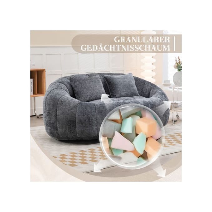 Bank poef - MUVOE - Tweepersoons fauteuil - Grijs chenille - 2 zitplaatsen - Vulschuim grijs