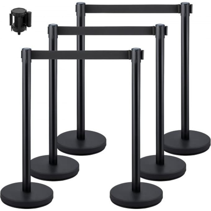 VEVOR Crowd Control Bollards, 6-pack crowd control barriers met 3 x 6,5 voet (ca. 2 meter) uitschuifbare banden, crowd control bolders, eenvoudig te monteren