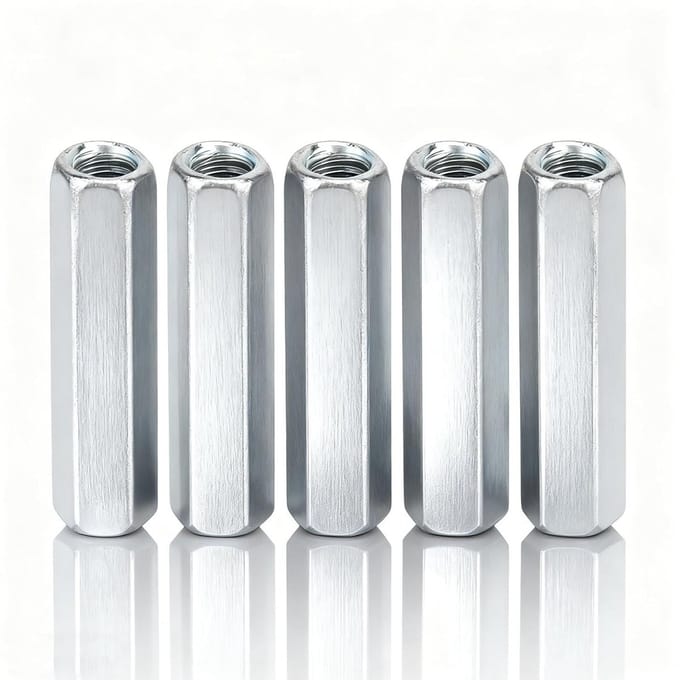 Set van 5 Lange Hex Moeren voor Coupling, Gegalvaniseerd Staal, M6 x 40, Duurzaam en Sterk