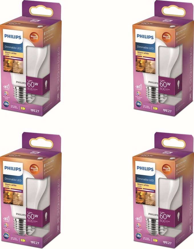 Philips Voordeelverpakking - E27 - WarmGlow - LED Standaardlamp - Mat - 60W - Dimbaar - Warmwit Licht - Set van 4 Stuks