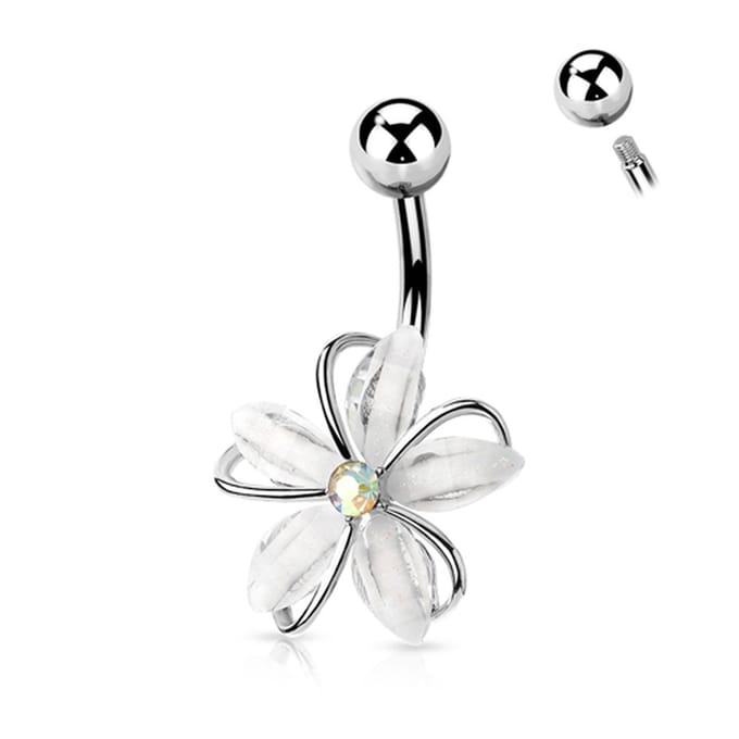 Navelpiercing CZ steen wire witte bloem - zilver - LMPiercings