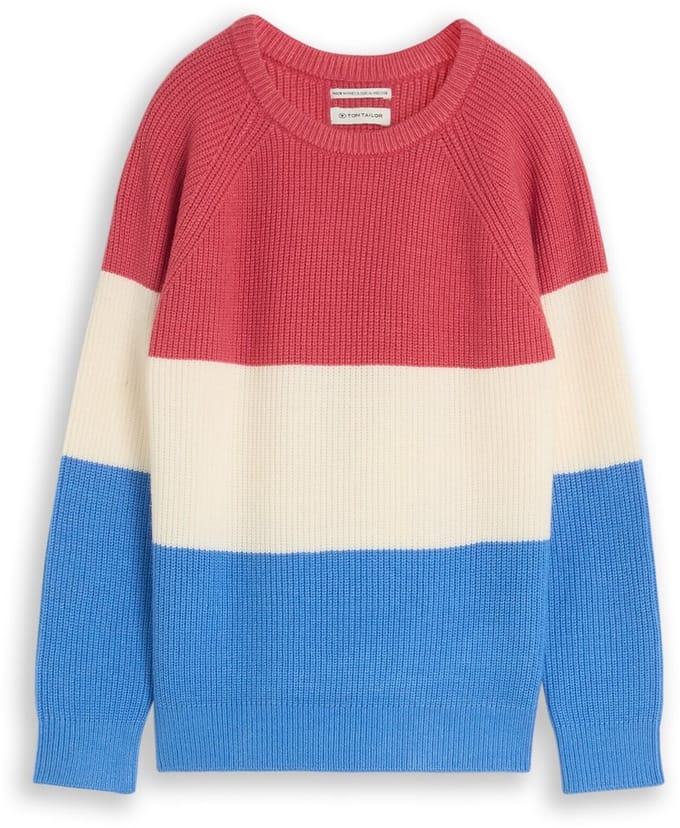 Tom Tailor - Gebreide trui met ronde hals - Maat 116/122 - soft blue and red block stripe