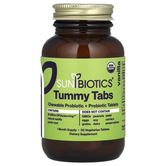 Sunbiotics, Comprimés pour le ventre, probiotique + prébiotique à croquer, vanille, 30 comprimés végétariens