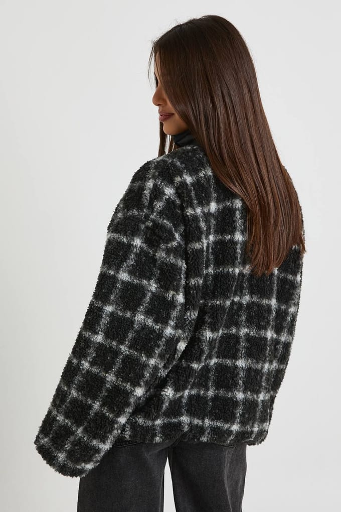 boohoo Dames Vierkant bedrukt teddyjasje met knoopsluiting | Zwart | Maat: 38