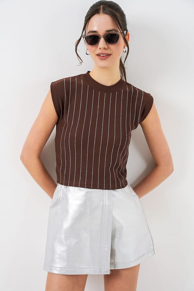 Kraagloze Slim Fit Versierde Blouse