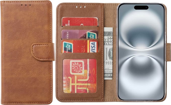 Hoesje Geschikt voor iPhone 16 Plus – Arara bookcase met pasjeshouder - Bruin