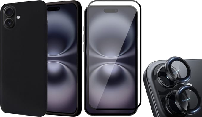 Hoesje geschikt voor iPhone 16 Plus - Screenprotector Volledig Dekkend Glas & Camera Protector - Matte Case Zwart met Fluweelzachte Binnenzijde